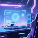 自动生成图片: Futuristic gaming setup with holographic interface, soft blue and purple lighting, abstract technology elements, minimalist composition, professional illustration style high quality illustration, detailed, 16:9