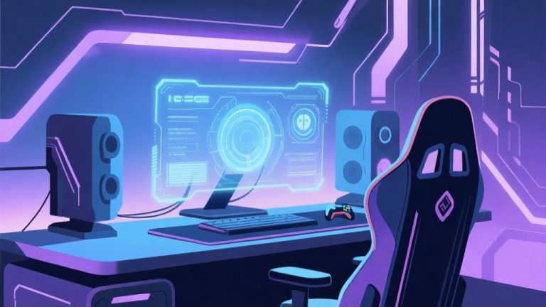 自动生成图片: Futuristic gaming setup with holographic interface, soft blue and purple lighting, abstract technology elements, minimalist composition, professional illustration style high quality illustration, detailed, 16:9