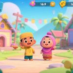 自动生成图片: Vibrant game interface showing Upin and Ipin characters in colorful Malaysian village setting, cartoon style animation, playful elements, soft pastel colors, modern mobile game design high quality illustration, detailed, 16:9