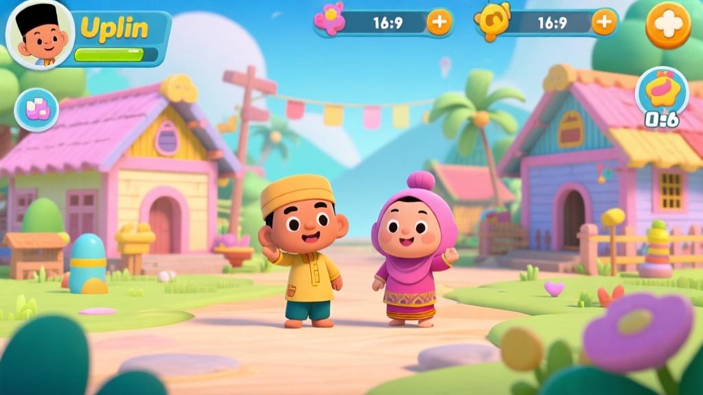 Vibrant game interface showing Upin and Ipin characters in colorful Malaysian village setting, cartoon style animation, playful elements, soft pastel colors, modern mobile game design high quality illustration, detailed, 16:9