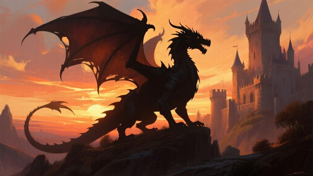 Epic fantasy dragon silhouette against sunset sky, medieval castle backdrop, warm color palette, digital painting style with dramatic lighting high quality illustration, detailed, 16:9