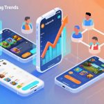 自动生成图片: Abstract visualization of mobile gaming trends in Indonesia, showing smartphone screens with various game interfaces, upward trending graphs, and connected player avatars, soft gradient background with blue and orange accents, modern digital art style high quality illustration, detailed, 16:9