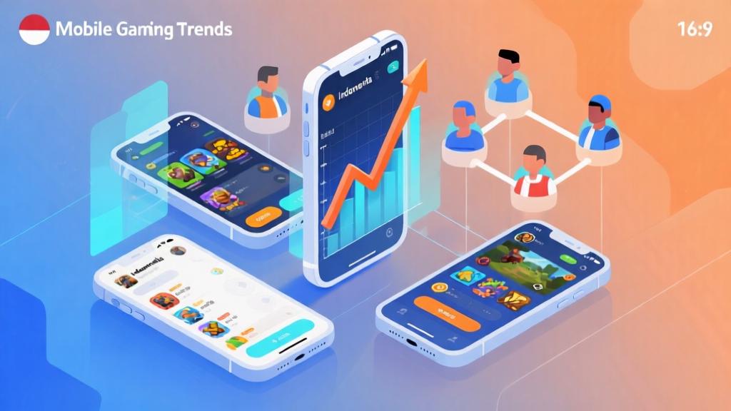 Abstract visualization of mobile gaming trends in Indonesia, showing smartphone screens with various game interfaces, upward trending graphs, and connected player avatars, soft gradient background with blue and orange accents, modern digital art style high quality illustration, detailed, 16:9