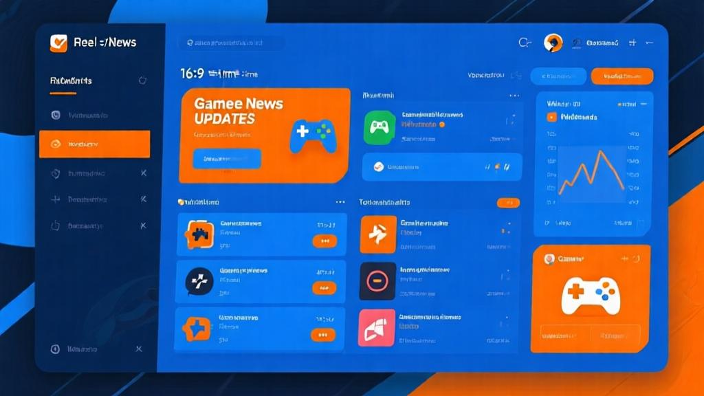 Modern digital dashboard showing real-time game news updates, clean interface with gaming elements, blue and orange color scheme, professional yet engaging visual design high quality illustration, detailed, 16:9