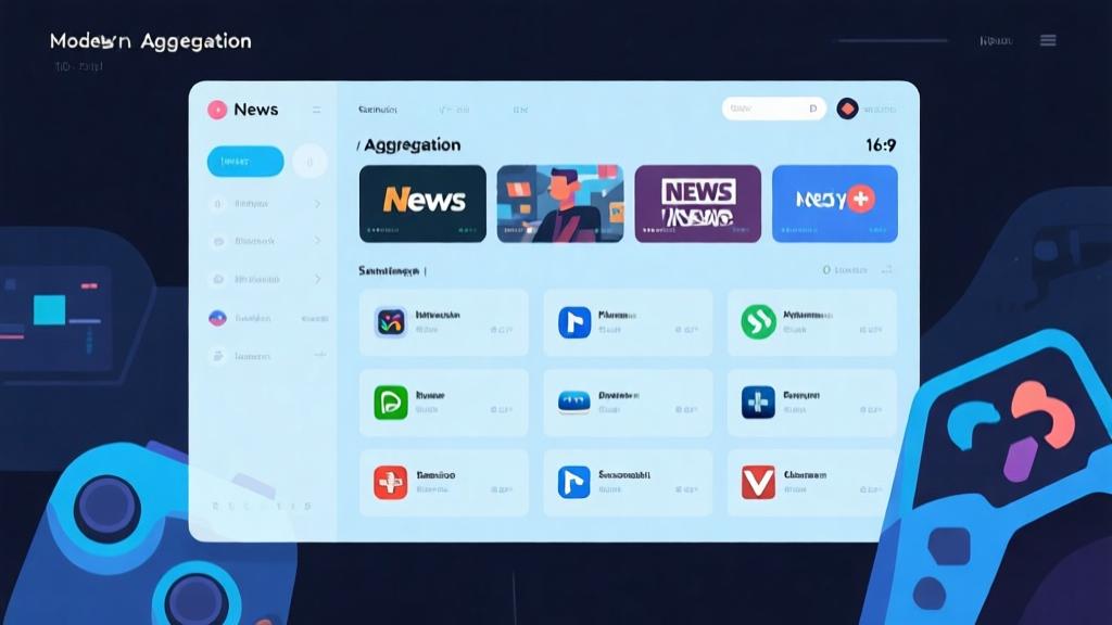 Modern digital dashboard showing news aggregation from multiple sources, clean interface design with gaming elements, soft blue and dark theme, minimalist information layout high quality illustration, detailed, 16:9