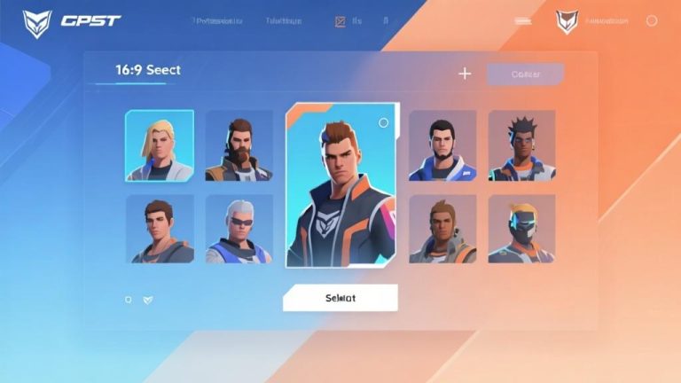 自动生成图片: Abstract gaming interface showing character selection screen with multiple avatars, soft blue and orange gradient background, modern minimalist design, professional esports visualization high quality illustration, detailed, 16:9