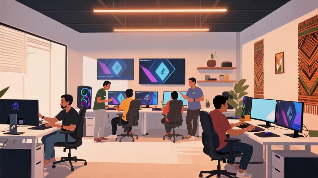 Modern gaming studio in Indonesia with diverse developers collaborating, minimalist design with warm lighting, professional workspace with multiple monitors, clean aesthetic with cultural elements high quality illustration, detailed, 16:9