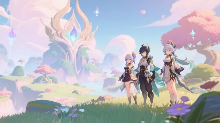自动生成图片: Genshin Impact game scene showing new characters in Sumeru landscape, soft fantasy art style, pastel colors, anime-inspired design, magical atmosphere high quality illustration, detailed, 16:9