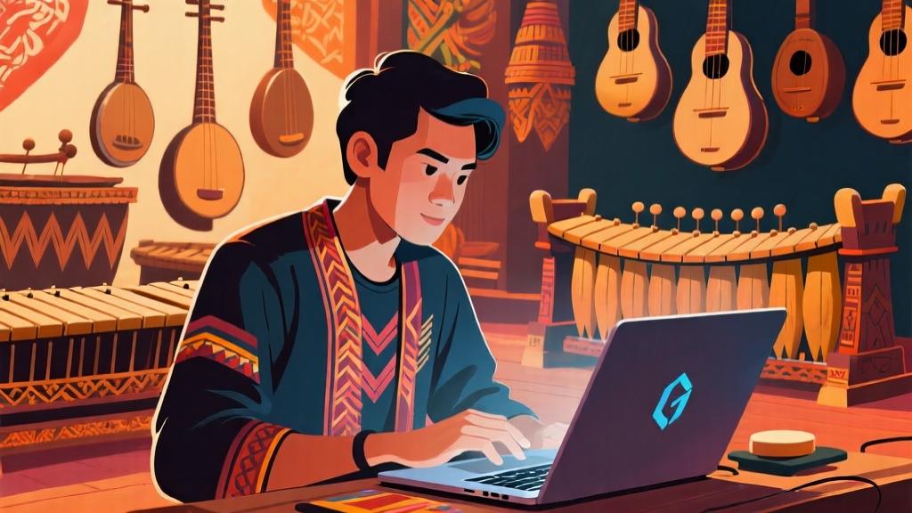 Modern Indonesian game developer working on laptop with traditional gamelan instruments in background, digital art style with warm cultural colors, blending traditional and contemporary elements high quality illustration, detailed, 16:9