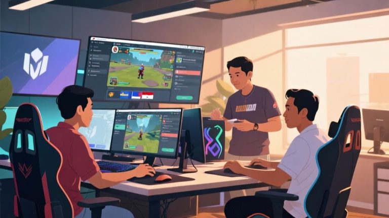 自动生成图片: Modern gaming studio collaboration scene, Indonesian developers working with international partners, computer screens showing game development interfaces, warm professional atmosphere, soft natural lighting high quality illustration, detailed, 16:9