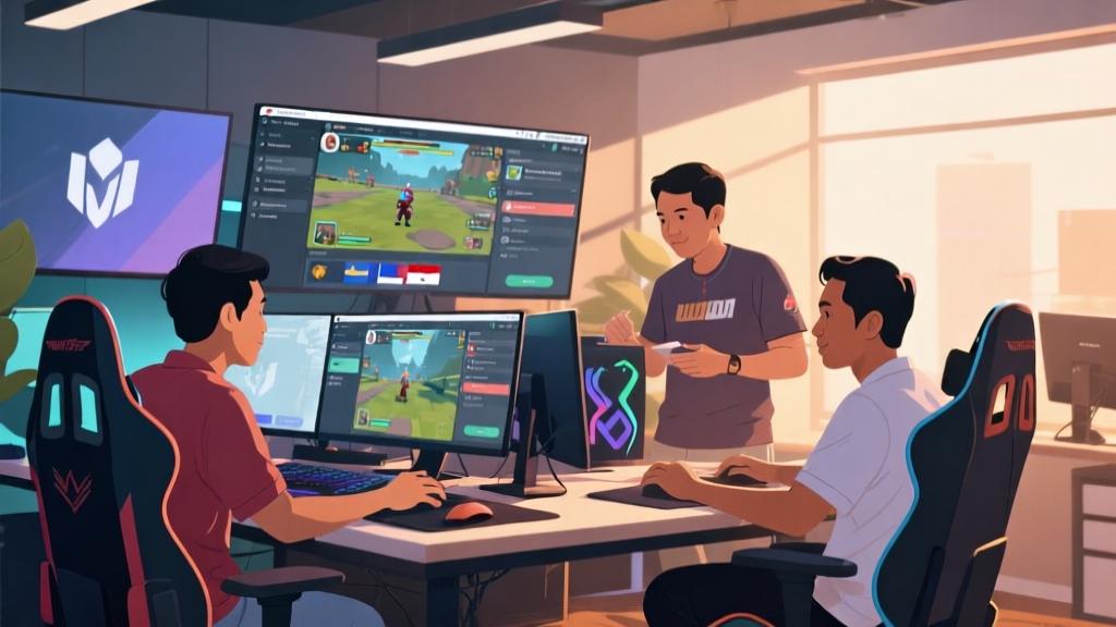 Modern gaming studio collaboration scene, Indonesian developers working with international partners, computer screens showing game development interfaces, warm professional atmosphere, soft natural lighting high quality illustration, detailed, 16:9