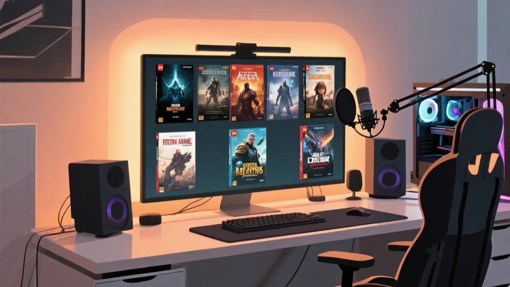 Modern gaming setup with multiple PC game covers displayed on digital screen, warm ambient lighting, professional streaming equipment, clean minimalist composition high quality illustration, detailed, 16:9