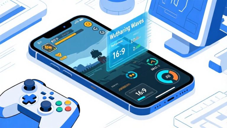 自动生成图片: Smartphone running Wuthering Waves game with performance metrics overlay, modern mobile gaming setup, clean technical illustration style, blue and white color scheme high quality illustration, detailed, 16:9