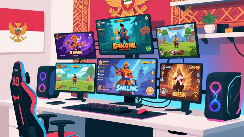 Modern gaming setup with multiple screens showing different game genres, Indonesian cultural elements in background, clean professional composition, vibrant but balanced colors high quality illustration, detailed, 16:9