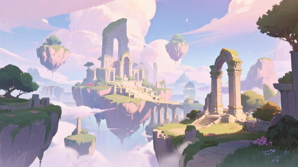 Majestic fantasy landscape with floating islands and ancient ruins, soft pastel colors, anime art style, dreamlike atmosphere, Genshin Impact inspired scenery high quality illustration, detailed, 16:9