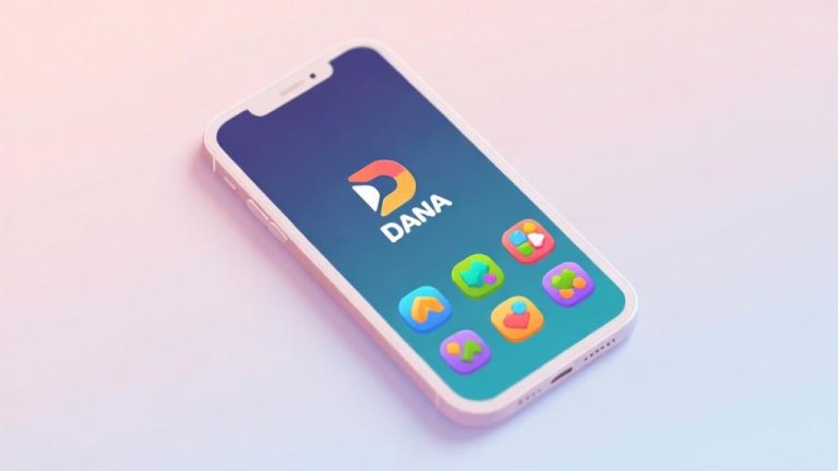 自动生成图片: Modern smartphone displaying colorful game icons with DANA logo, soft pastel background, clean minimalist composition, professional digital illustration style high quality illustration, detailed, 16:9