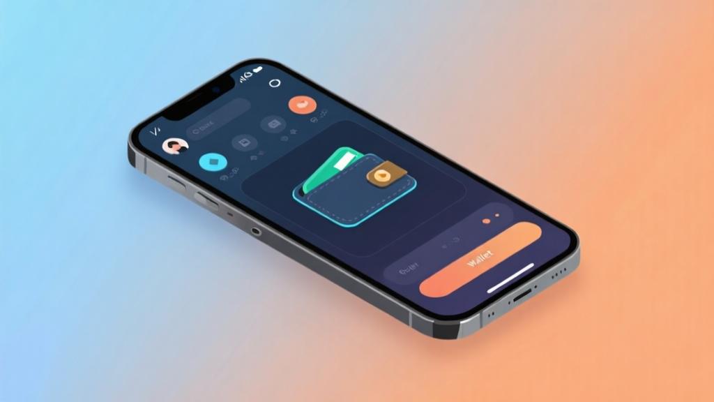 Modern smartphone showing gaming interface with digital wallet integration, soft blue and orange gradient background, clean app design aesthetic, professional illustration style high quality illustration, detailed, 16:9