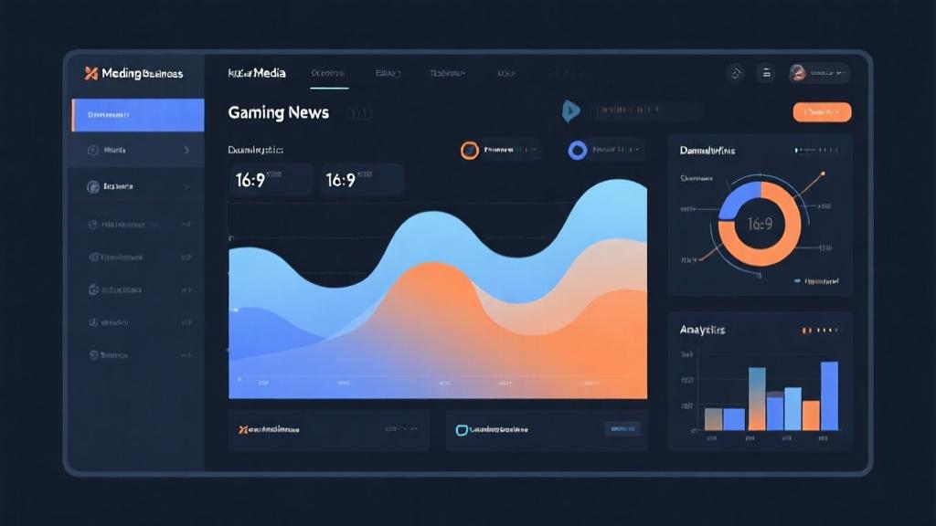 Modern digital media dashboard showing gaming news analytics, abstract data visualization with soft blue and orange gradients, clean minimalist design, professional business interface high quality illustration, detailed, 16:9