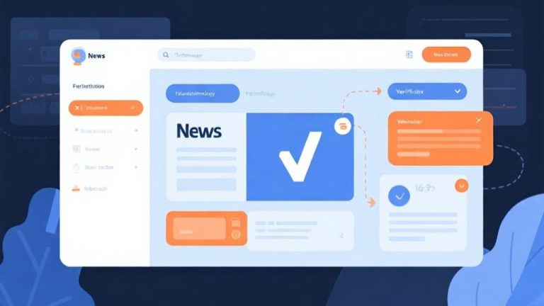 自动生成图片: Modern digital interface showing news verification process with interactive elements, soft blue and orange color scheme, clean minimalist design, educational technology concept high quality illustration, detailed, 16:9