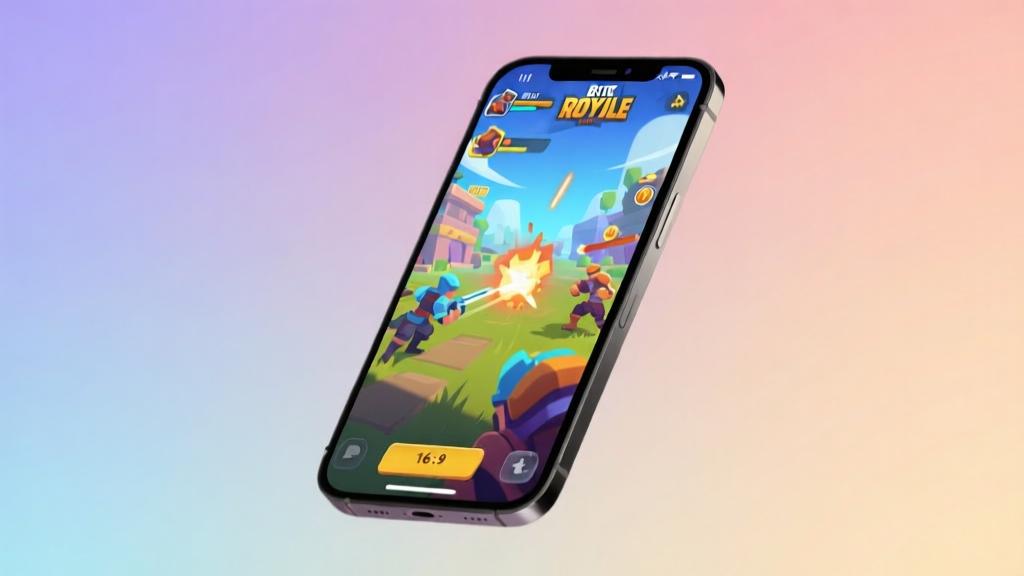 Smartphone displaying colorful mobile game interface with battle royale elements, soft gradient background, modern gaming aesthetic, clean composition high quality illustration, detailed, 16:9