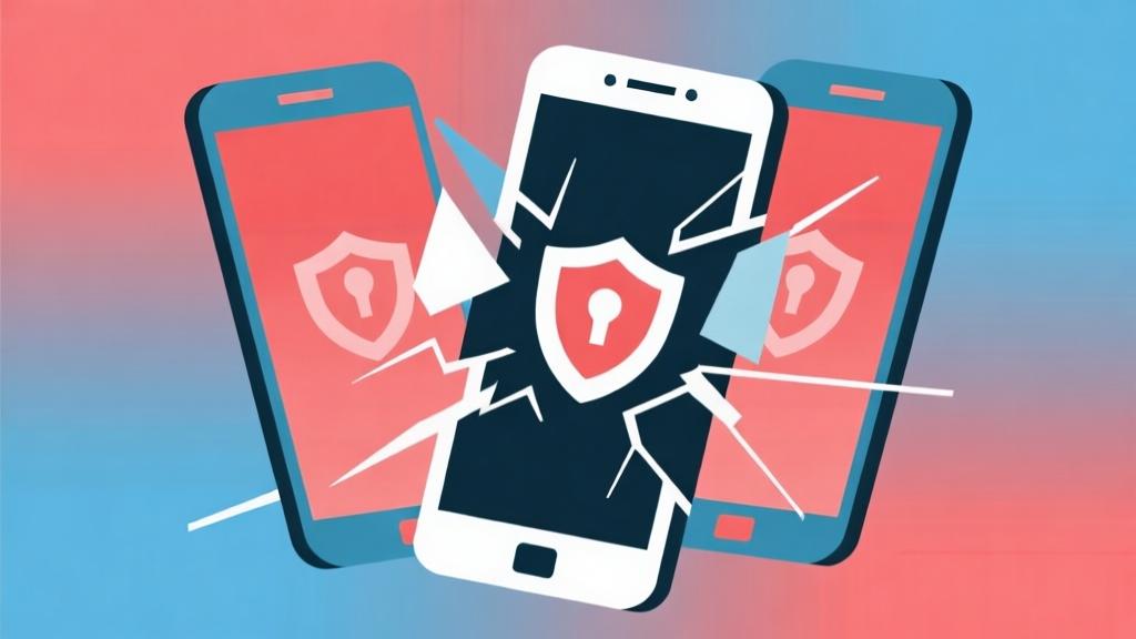Abstract data breach visualization showing mobile devices with shield icons breaking, soft red and blue gradient background, minimal geometric design, cybersecurity concept illustration high quality illustration, detailed, 16:9