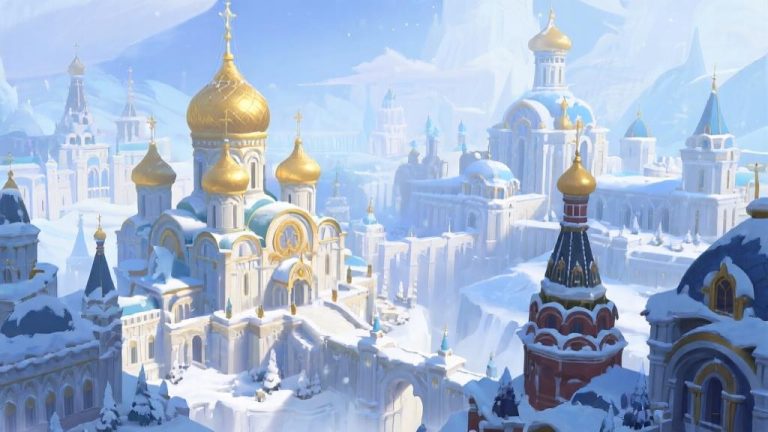 自动生成图片: Majestic winter cityscape with golden domed cathedrals and snow-covered palaces, Russian-inspired architecture, soft blue and white color scheme, fantasy game environment, detailed building textures high quality illustration, detailed, 16:9