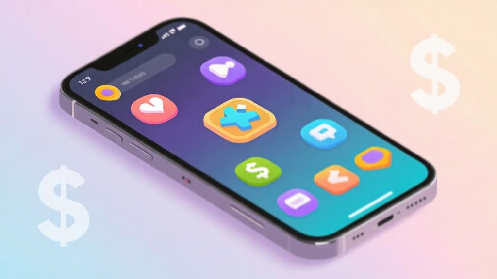 Modern smartphone displaying colorful game icons, soft gradient background in pastel colors, minimalist composition with subtle earning symbols, professional mobile gaming concept high quality illustration, detailed, 16:9