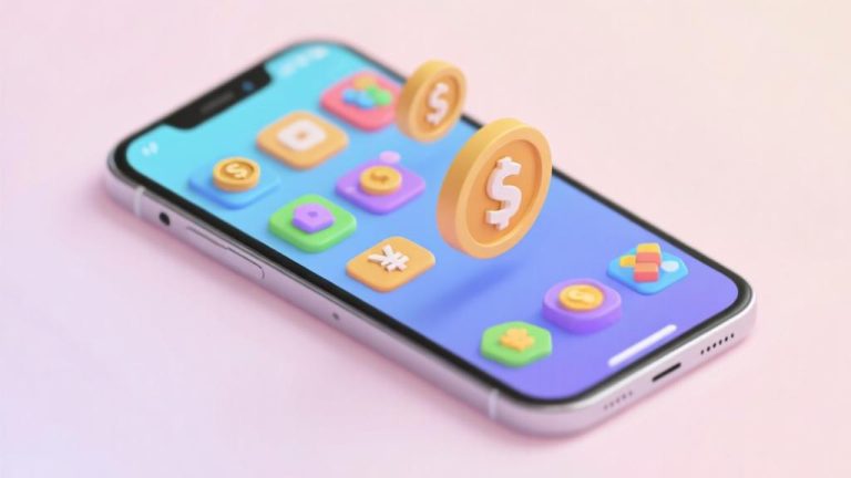 自动生成图片: Modern smartphone displaying colorful game icons with currency symbols, soft pastel background, clean minimalist design, digital economy concept high quality illustration, detailed, 16:9