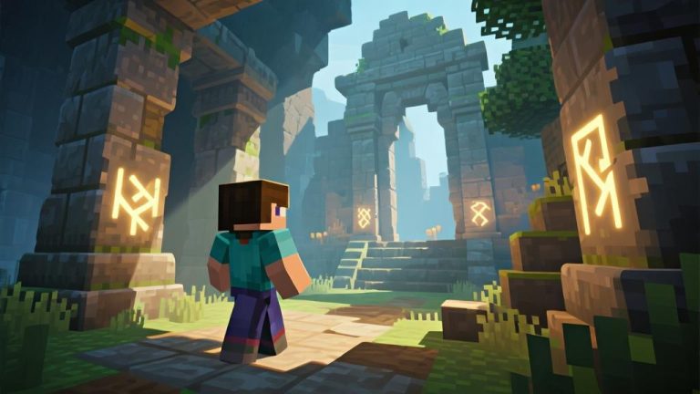 自动生成图片: Minecraft gameplay scene showing player exploring ancient ruins with glowing runes, soft lighting, detailed stone textures, adventure atmosphere, medium shot perspective high quality illustration, detailed, 16:9