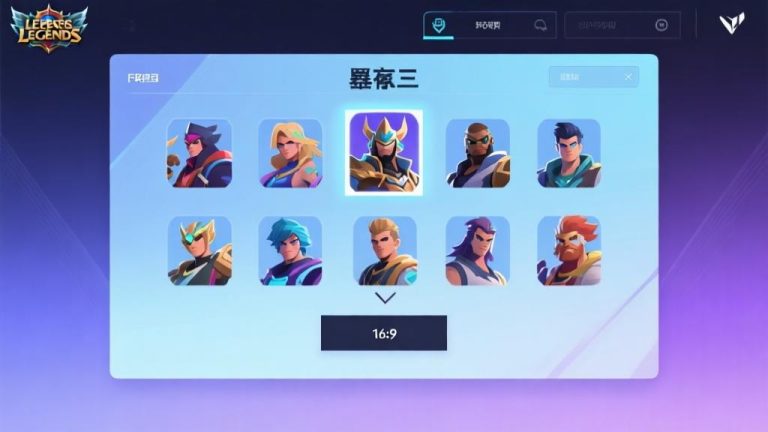 自动生成图片: Mobile Legends game interface showing hero selection screen with multiple characters, minimalist design with soft blue and purple gradient background, professional esports style high quality illustration, detailed, 16:9