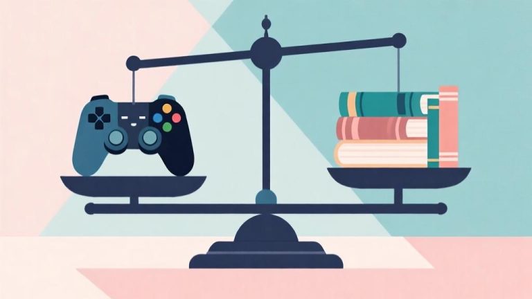 自动生成图片: Modern minimalist illustration of a balanced scale with gaming controller on one side and books on the other, soft pastel color palette, clean geometric design, representing policy balance high quality illustration, detailed, 16:9
