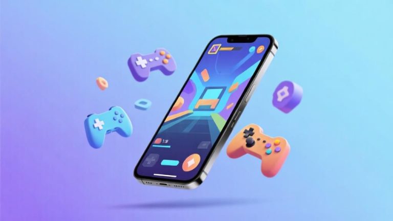 自动生成图片: Modern smartphone displaying vibrant game graphics, abstract gaming elements floating around, soft blue and purple gradient background, clean minimalist design, professional mobile gaming concept high quality illustration, detailed, 16:9