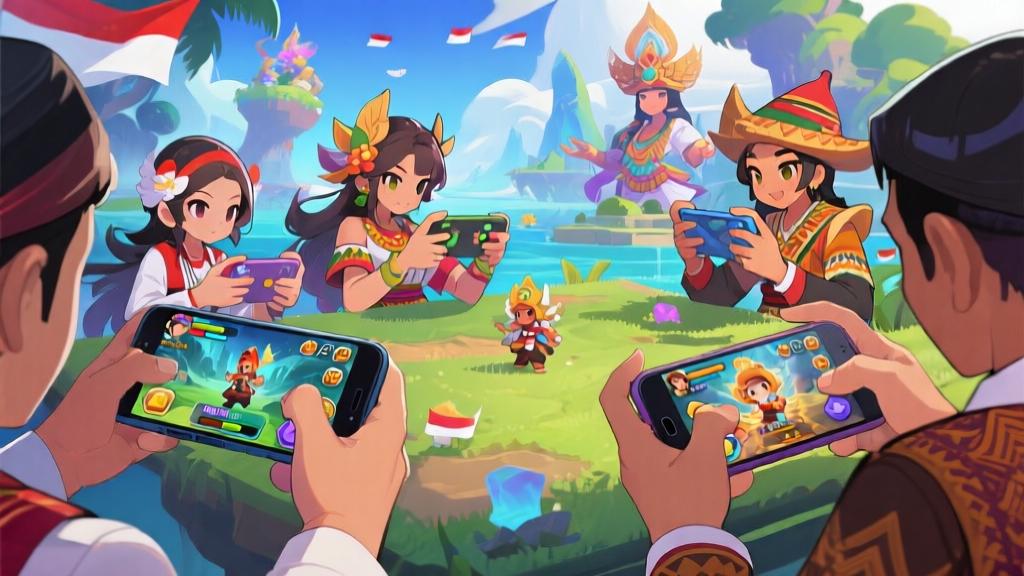 Modern mobile gaming scene showing diverse Indonesian players engaged with RPG games on smartphones, vibrant anime-style character designs, fantasy backgrounds with Indonesian cultural elements, professional illustration style high quality illustration, detailed, 16:9