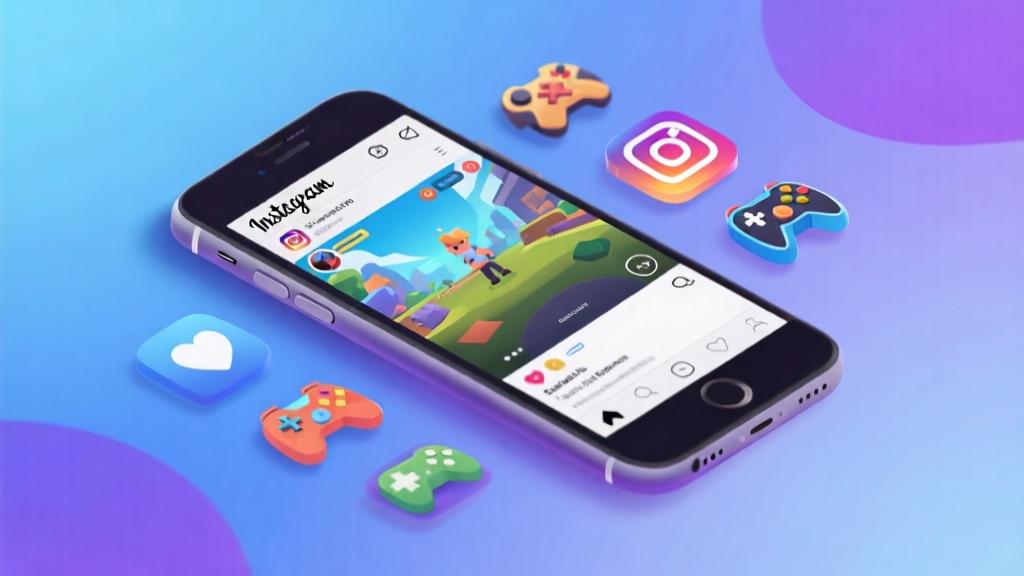 Modern smartphone displaying vibrant gaming content on Instagram, abstract social media interface with game icons, soft gradient background in blue and purple tones, clean digital aesthetic high quality illustration, detailed, 16:9