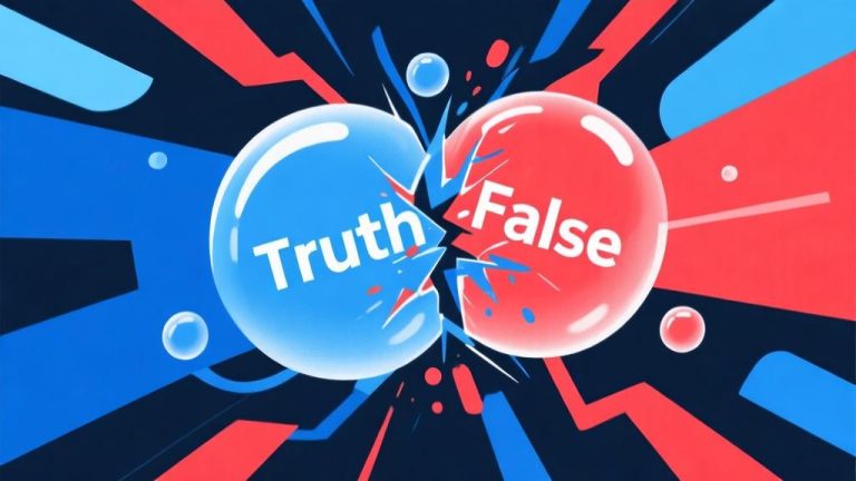 自动生成图片: Abstract illustration showing truth and false information bubbles colliding, digital art style with blue and red color contrast, clean modern design, social media concept visualization high quality illustration, detailed, 16:9