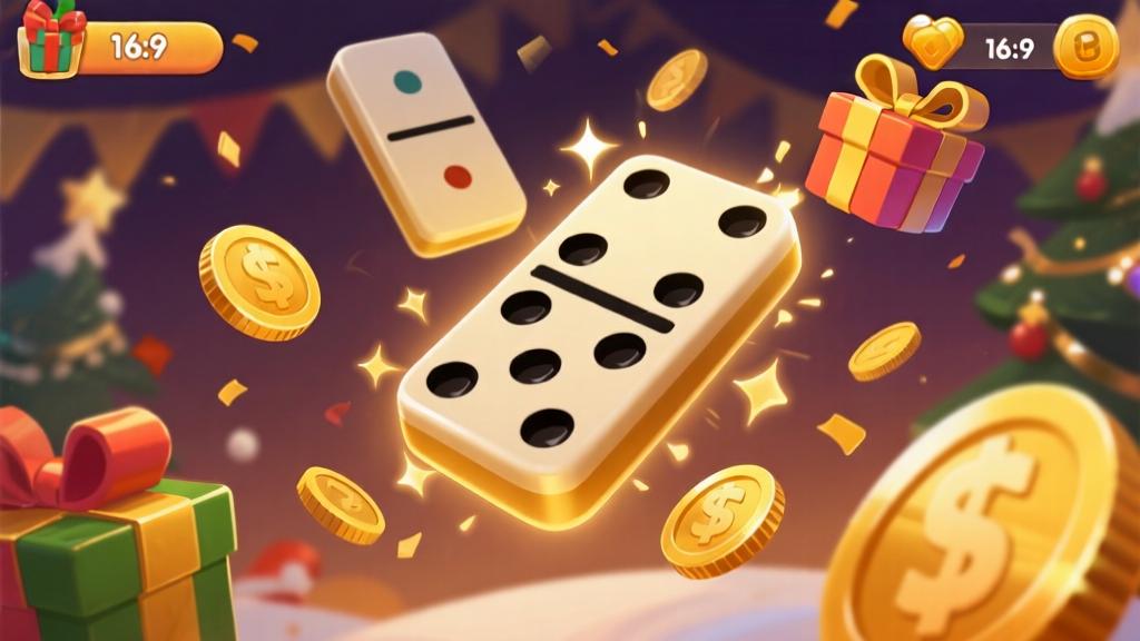 Festive mobile game interface with holiday theme, domino pieces with special effects, gift boxes and coins floating around, warm color scheme with gold accents, celebratory atmosphere high quality illustration, detailed, 16:9