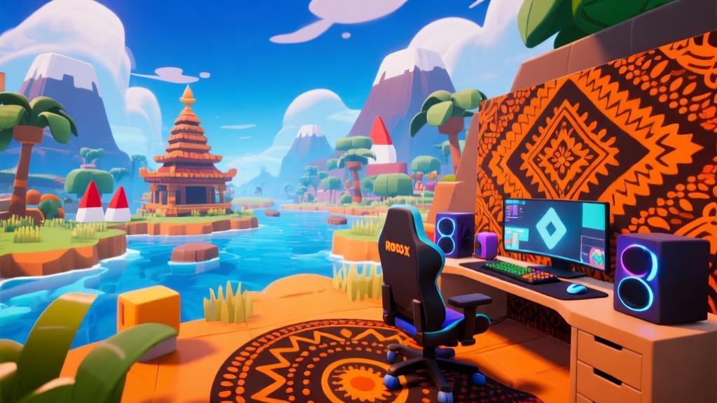Vibrant digital landscape showing Indonesian cultural elements merging with Roblox game environment, modern gaming setup with traditional batik patterns, warm color scheme with blues and oranges, dynamic composition high quality illustration, detailed, 16:9