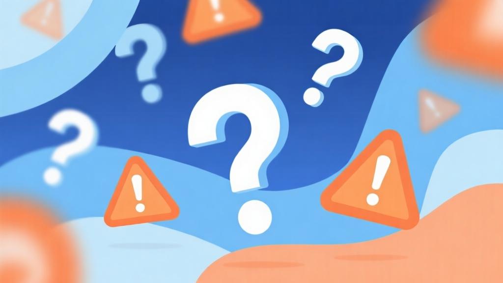 Abstract illustration showing digital misinformation concept with floating question marks and warning symbols, soft blue and orange color scheme, modern flat design style, clean composition high quality illustration, detailed, 16:9