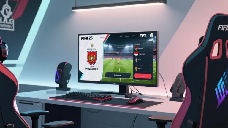 自动生成图片: Modern gaming setup with FIFA 25 on screen showing Indonesian league interface, professional esports environment, soft lighting, minimalist composition high quality illustration, detailed, 16:9