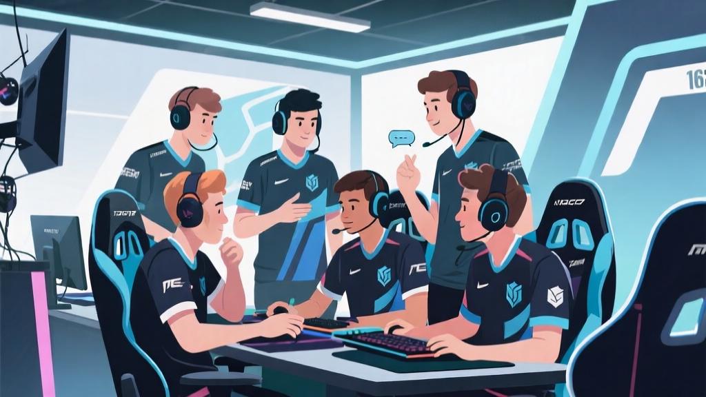 Team of esports players collaborating in a modern gaming setup, showing communication and coordination, professional gaming atmosphere, clean composition with team elements high quality illustration, detailed, 16:9