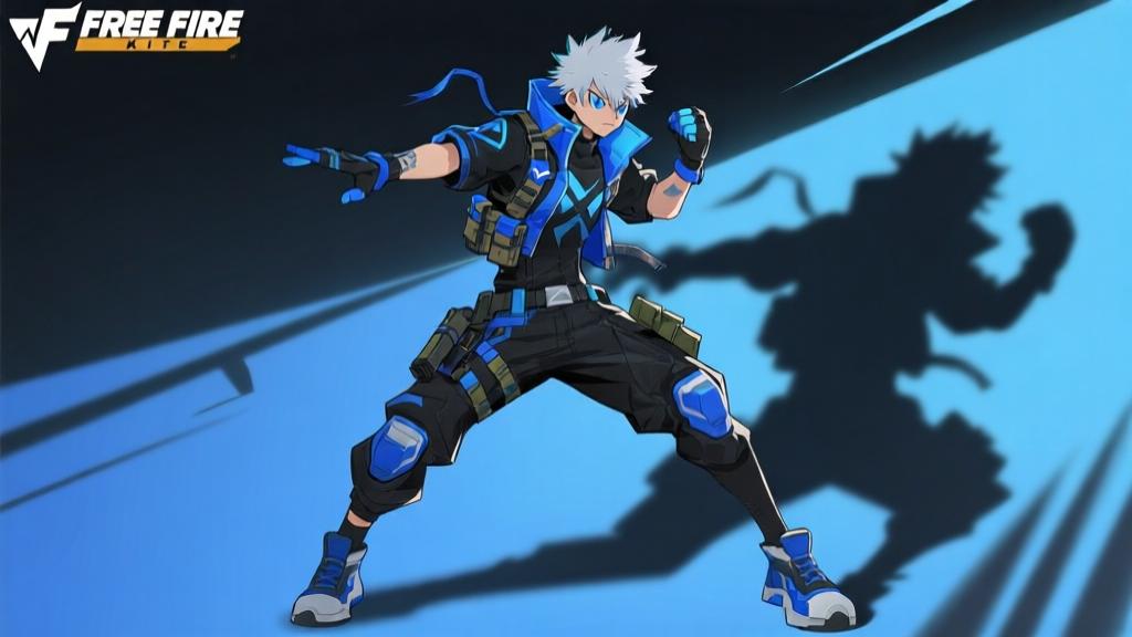 Character design of Kaito from Free Fire with shadow effects, dynamic combat pose, modern tactical gear, blue and black color scheme, gaming illustration style high quality illustration, detailed, 16:9