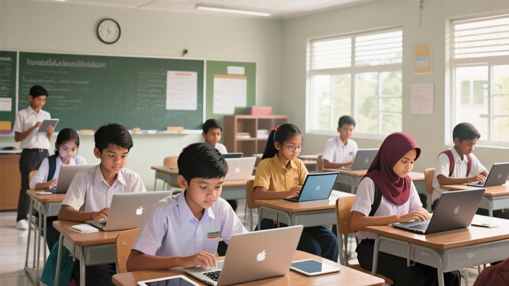 Modern Indonesian classroom with students using laptops and tablets, mixed gender diverse group, educational technology integration, natural lighting, realistic style high quality illustration, detailed, 16:9