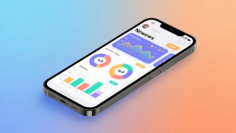 自动生成图片: Modern smartphone displaying interactive news game interface with colorful data visualization, soft blue and orange gradient background, clean minimalist design high quality illustration, detailed, 16:9