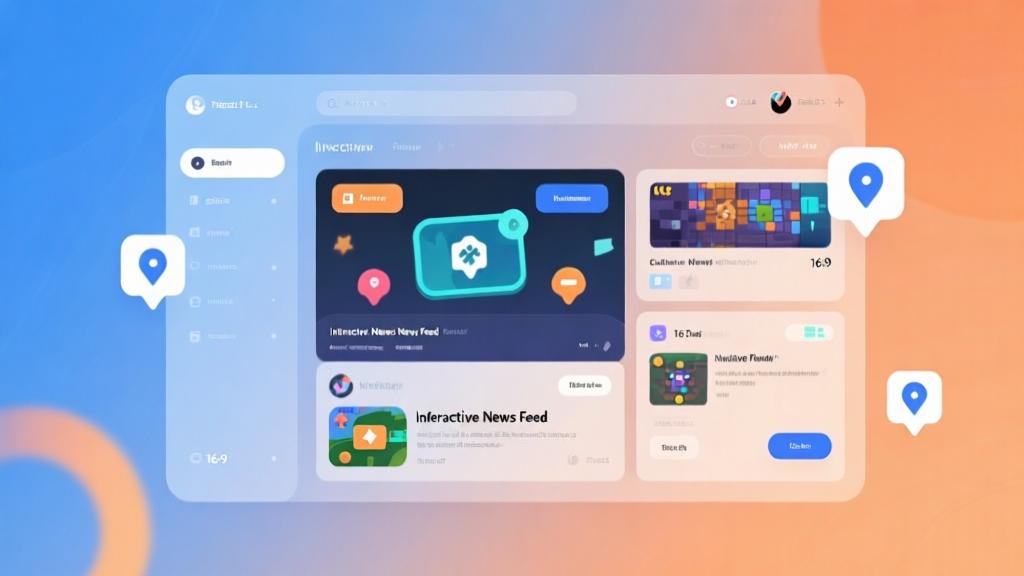 Modern digital dashboard showing interactive news feed with game elements, soft blue and orange gradient background, clean interface design, abstract notification icons high quality illustration, detailed, 16:9