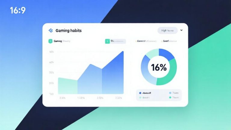自动生成图片: Modern minimalist data visualization showing percentage statistics on gaming habits, soft blue and green color palette, clean geometric design with subtle gradients, professional infographic style high quality illustration, detailed, 16:9
