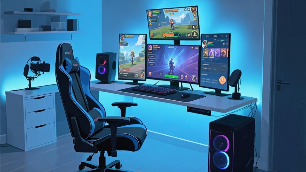 Modern gaming setup with multiple screens showing different game interfaces, soft blue lighting, ergonomic gaming chair, clean minimalist design, professional streaming environment high quality illustration, detailed, 16:9