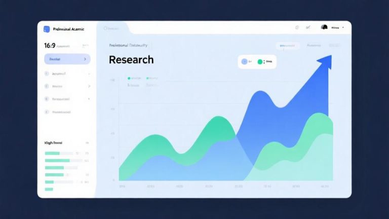 自动生成图片: Modern research dashboard showing abstract data visualization with upward trending graphs, soft blue and green color scheme, minimalist design with clean typography, professional academic presentation style high quality illustration, detailed, 16:9