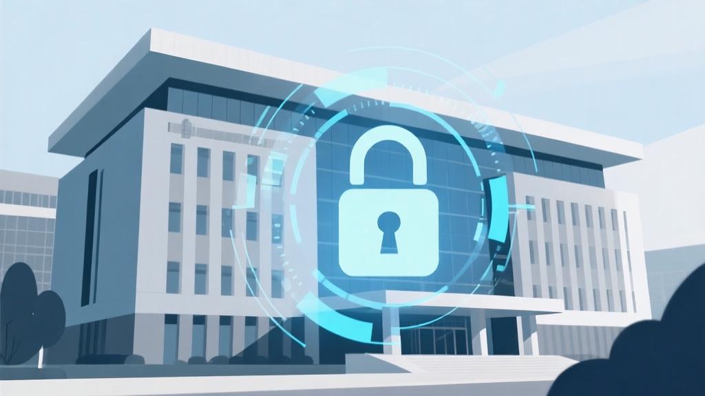 Modern government building with digital lock symbol overlay, soft blue and grey color scheme, abstract security concept, minimal professional design high quality illustration, detailed, 16:9