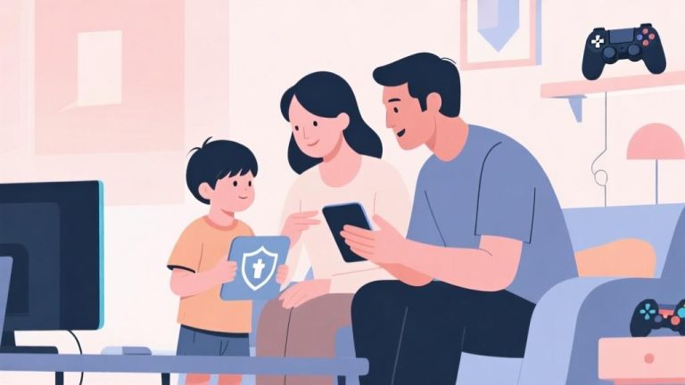 自动生成图片: Modern minimalist illustration showing a parent and child discussing digital safety, soft pastel color palette, clean lines, contemporary family scene with subtle gaming elements in background high quality illustration, detailed, 16:9