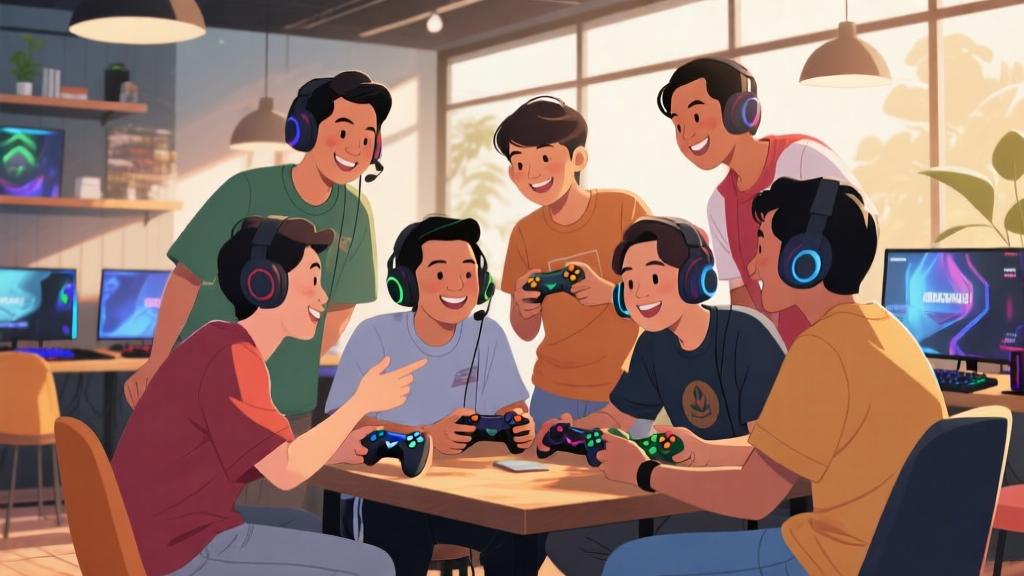 Group of diverse Indonesian gamers sharing game recommendations, modern gaming cafe setting, warm friendly atmosphere, natural lighting, casual clothing style high quality illustration, detailed, 16:9